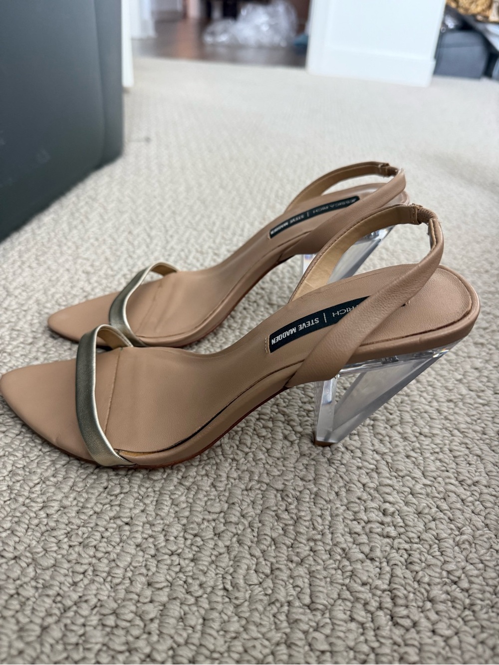 Steve Madden | Jessica Rich Tan and Gold Slingback Sandals with Clear Block Heel